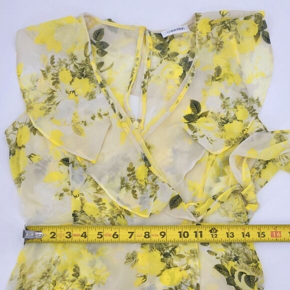 Calvin Klein Sheer Maxi Dress Size 6 Yellow Floral Chiffon High Low Faux Wrap - Picture 10 of 10